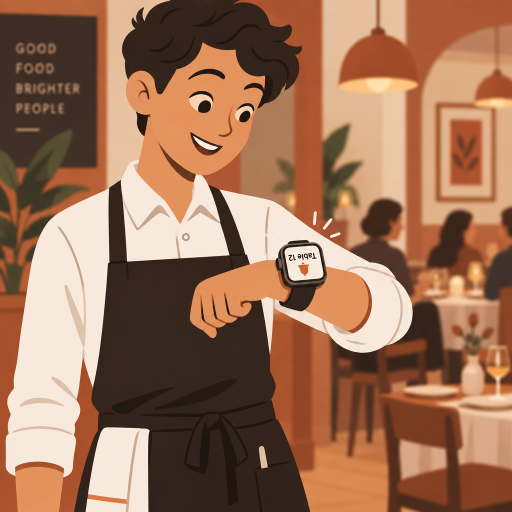 A waiter checks the notification on his smartwatch