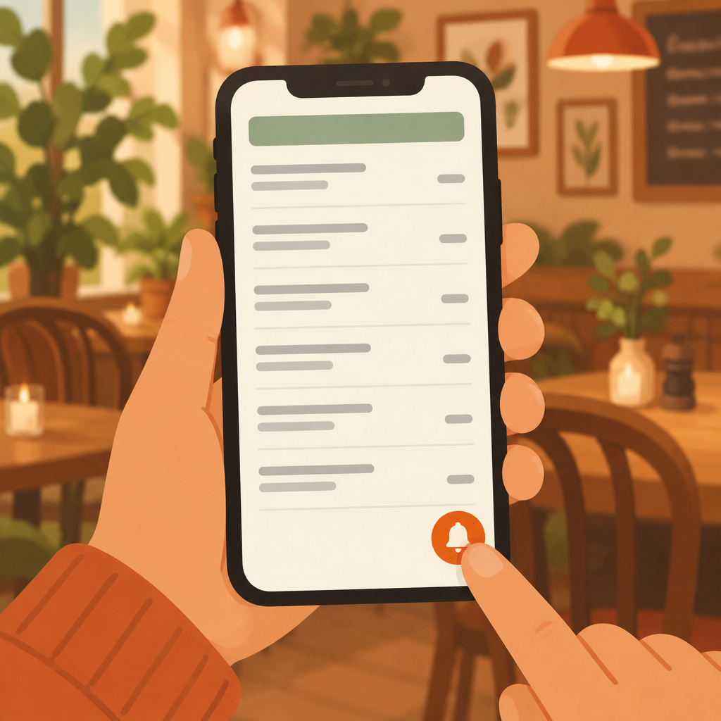 A guest taps the service button in the menu